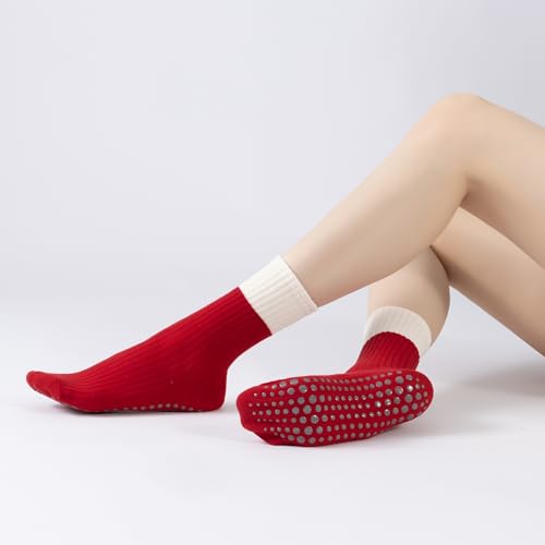 Verdancy Yoga Pilates Socks with Grips for Women Striped Cushioned Non Slip Crew Socks for Barre Ballet Dance - color: White/Red