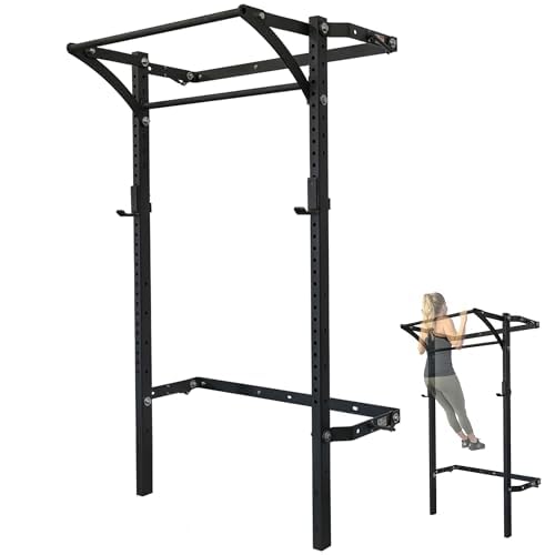 PRx Performance Murphy Foldable Squat Rack with Space-Saving Pull-Up Bar - Wall-Mounted Gym Equipment, Includes J-Cups for Barbell, Ideal for Strength Training, Bench Press and Leg Squats - color: Extended Pull-Up Bar
