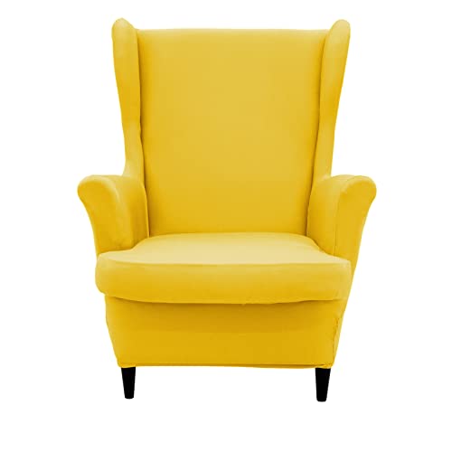 NILUOH Wingback Chair Cover 2-Piece Soft Stretch Wing Chair Slipcover Solid Color Armchair Sofa Couch Cover Furniture Protector with Elastic Bottom for Living Room Bedroom (Lemon Yellow) - color: Lemon Yellow