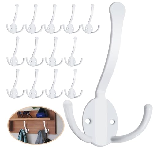 Homanu 14 Pack Coat Hooks Heavy Duty, Metal Three Prongs Large Coat Hooks Wall Mounted with 28 Screws, No Rust White Rustic Wall Hooks for Hanging Towel, Coat, Scarf, Bag, Hat, Cup, Key - color: 14 Pcs White