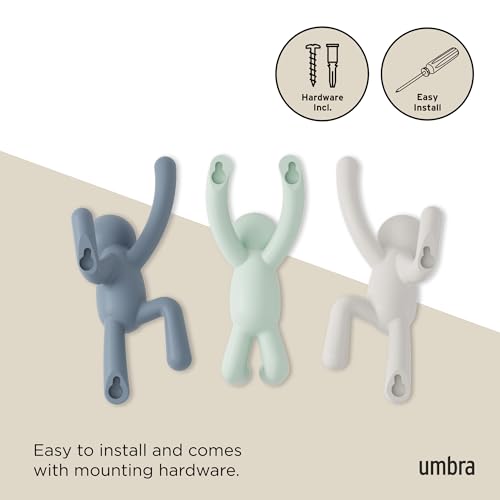 Umbra Buddy Wall Hooks, Wall Mount Coat Hooks, Set of 3, White/Mint/Blue | Easy install with hardware, holds 5lbs per hook, entryway bedroom bathroom dorm, playful hanging storage, recycled plastic - color: White/Mint/Blue
