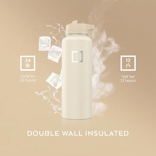 IRON °FLASK 40 oz Wide Mouth Water Bottle with Straw | Insulated Stainless Steel Sports Water Bottle with Leakproof Straw Lid - BPA Free, Cold 24 Hrs, Sweat Free (Cashmere Cream) - color: Cashmere Cream, style: Straw - 40 Oz (1 Lid)