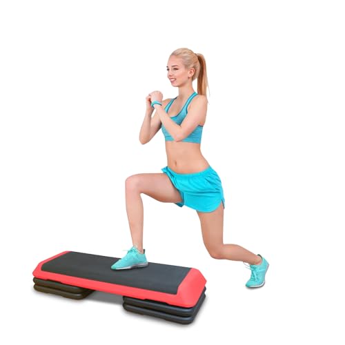 Adjustable Height Aerobic Step Platform with 4 Risers, Lightweight 11lbs Exercise Step Platform & Fitness Step with Non-Slip Surface for Workouts, Home, Gym and Fitness - color: Black+Red