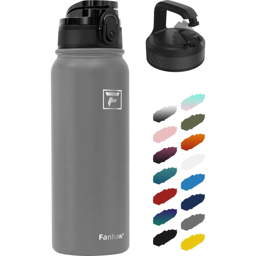 Fanhaw 20 oz Insulated Stainless Steel Water Bottle with Anti-Dust Chug Lid & Carabiner Lid, Leakproof Vacuum Metal Bottle for Kids, Teens & Adults, Back to School Essentials (Gray) - color: Gray, style: 20 Ounces - 2 Lids