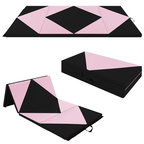 Goplus Gymnastics Mat, Folding Tumbling Mat with Carry Handles, Hook & Loop Fasteners, 4 Panels for Fitness Exercise Yoga Stretching Aerobics Workouts, Thick Gym Mats for Home - color: Pink&Black