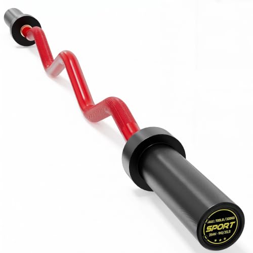 Olympic EZ Curl Bar 47" – 700LB Capacity 2-Inch Curling Bar for Bicep & Tricep Workouts, Hip Thrusts, Squats, Rows – Anti-Slip Diamond Knurling, Ergonomic Wrist-Friendly Curved Shaft for Home Gym - color: Red