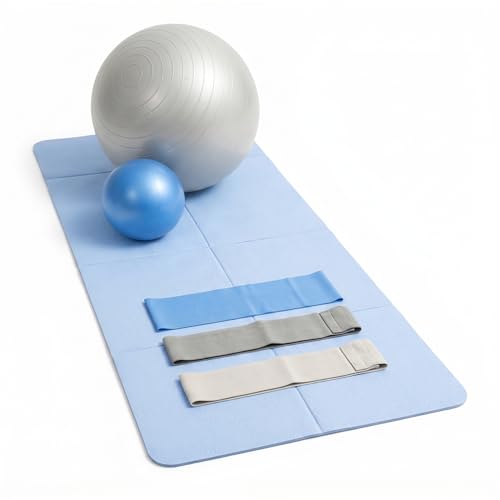 Foldable PILATES MAT with 3 Resistance Bands Set, Pilates Ball & Yoga Ball — 6-Piece Pilates Kit, Extra Thick Workout Mat, Air Pump Included. At Home Workout Equipment for Women and Men