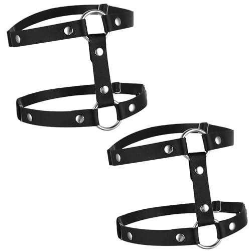 Giantree Leather Leg Harness, Adjustable Elastic 2 Rows Leather Leg Belt Ring Body Harness, Black Punk Garters Belts Thigh Strap Club Halloween Body Chain Accessories Jewelry for Women