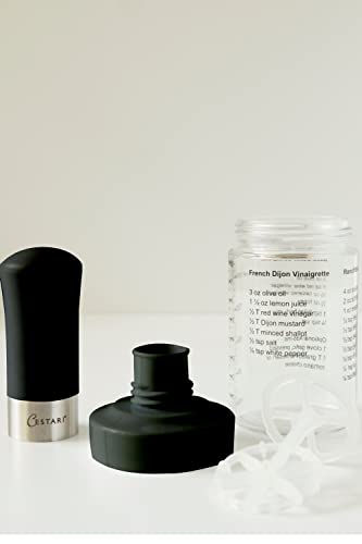 Cestari Glass Salad Dressing Bottle: Premium Borosilicate Salad Dressing Shaker with Mixer Insert | Leak Proof Salad Dressing Blender and Dispenser with Measurements and Recipes • Reusable Vinaigrette Cruet - color: Black