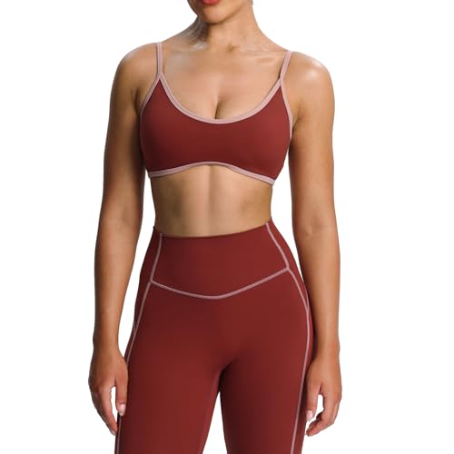 Aoxjox Lexi Lined Strappy Sports Bra | women's color block workout top,adjustable straps, removable pads, fitness athletic yoga crop tank, moisture-wicking - color: Burgundy/Woodrose, size: X-Large