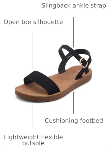 Herstyle Flat Sandals for Women – Open Toe 1 Band Ankle Strap Summer Dressy Sandals, Lightweight Casual Strappy Slip-On Flats with Adjustable Buckle - color: Black, size: 9