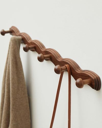 Wood Coat Rack Wall Mount - Walnut Coats Hook Hanger Wall-Mounted, Wave-Shaped Entryway Hanging Racks with 6 Hooks for Jacket Keys Hats Robes Towels Bags, Living Room Mudroom Bathroom Bedroom Hallway - size: 6 Hooks