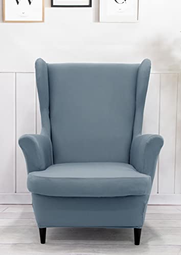 NILUOH Wingback Chair Cover 2-Piece Soft Stretch Wing Chair Slipcover Solid Color Armchair Sofa Couch Cover Furniture Protector with Elastic Bottom for Living Room Bedroom (Gray-Blue) - color: Gray-blue