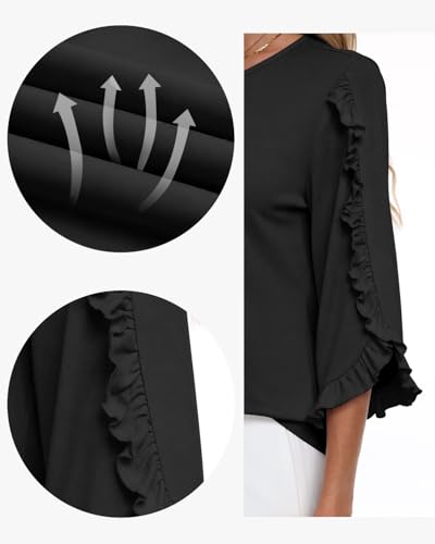 3/4 Length Sleeve Womens Tops Crewneck Ruffle Sleeve Shirts Dressy Casual Blouse Summer Fall Fashion Business Outfit - color: Black, size: Medium