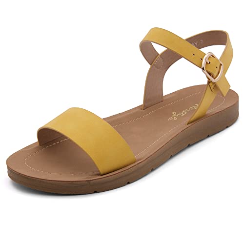 Herstyle Flat Sandals for Women – Open Toe 1 Band Ankle Strap Summer Dressy Sandals, Lightweight Casual Strappy Slip-On Flats with Adjustable Buckle - color: Mustard, size: 5