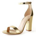 Ankis White Heels Wedding Shoes for Bride Women Chunky Heels Pearl High Heels Heeled Sandals 4 Inch - color: Gold Pu, size: 9
