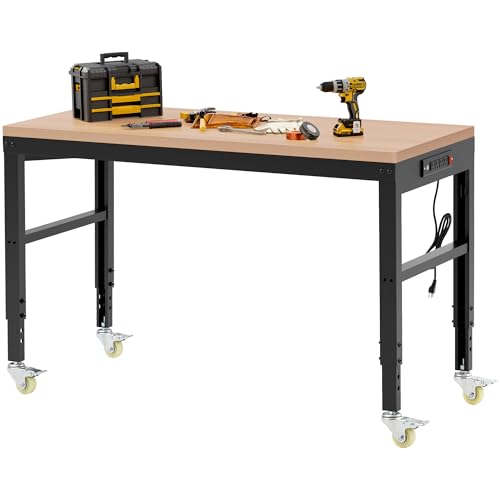 Antifir 60” Adjustable Workbench，Heavy Duty Wood Work Bench 2000 Lbs Load Capacity,Work Table with Power Outlet and Wheels for Garage, Workshop, Office, Home - size: 60x24" With Wheel
