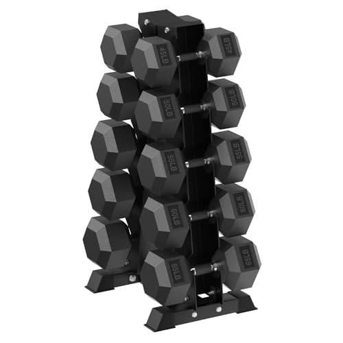 HANDBODE Hex Dumbbell Set with Vertical Storage Rack, 100–550 lb | Non-Slip Handle Design for Secure Grip, Rubber Encased Dumbbells, Hand Weights for Strength Training and Home Gym - style: 550 lb (45, 50, 55, 60, 65 lb) X 2 & Rack