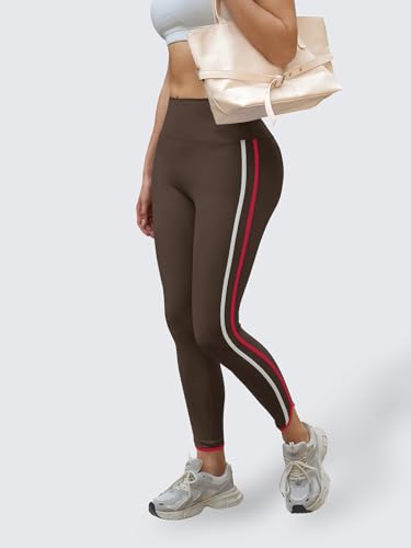 Aoysky Womens Buttery Soft Workout Leggings 25" Side Stripes High Waisted Full Length Yoga Leggings - color: Brown, size: Small