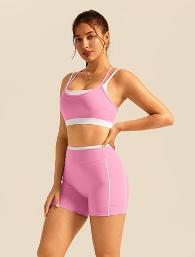 Double Layer Workout Sets for Women 2 Piece Matching Gym Set High Waist Shorts with Pockets Sports Bra Yoga Pilates Outfits - color: Pink, size: Large
