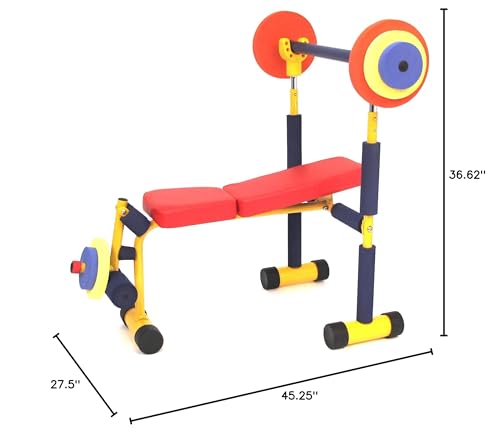 Redmon Fun & Fitness for Kids Adjustable Weight Bench Press Set w/ Barbell & Foam Weights | Barbell & Foam Weights