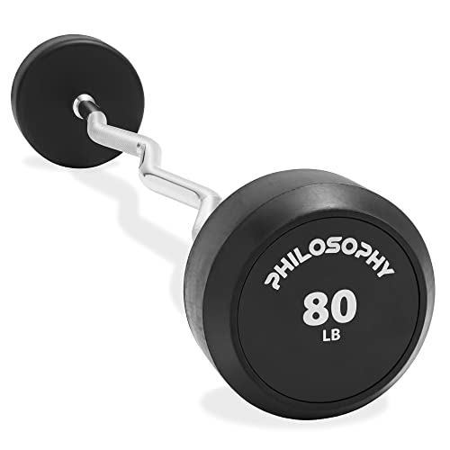 Philosophy Gym Rubber Fixed Barbell, Pre-Loaded Weight EZ Curl Bar for Strength Training & Weightlifting - style: 80 LB