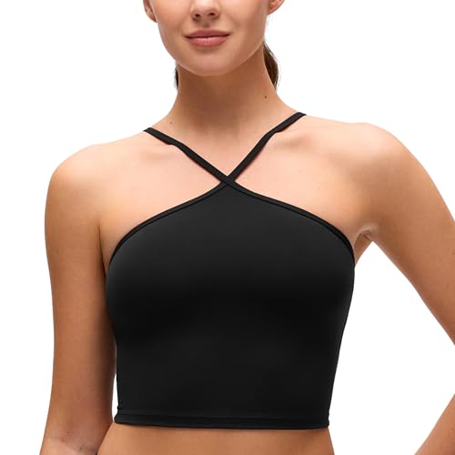 CRZ YOGA Butterluxe Cross Neck Crop Tank Tops | Light Support, Removable Pads, Yoga, Extremely Soft, Square Back, Spaghetti Straps, Longline Sports Bras for Women - color: Black, size: X-Large