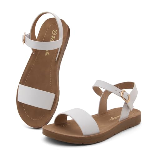 Herstyle Flat Sandals for Women – Open Toe 1 Band Ankle Strap Summer Dressy Sandals, Lightweight Casual Strappy Slip-On Flats with Adjustable Buckle - color: White, size: 8