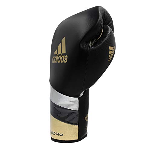 adidas Speed 500 Pro Boxing Gloves – Genuine Leather Training Gloves for Men & Women, Lace-Up Heavy Bag & Kickboxing Gloves - color: BLACK/GOLD/SILVER, size: 18 oz