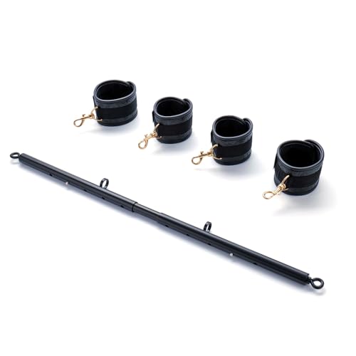 Heavy Duty Stainless Steel Expandable Spreader Bar with 4pcs PU Black--Pink Skull Pattern Detachable Adjustable Straps,Workout Bar for Home Indoor Gym Training Kit - style: Black+PU Black Embossed Kit