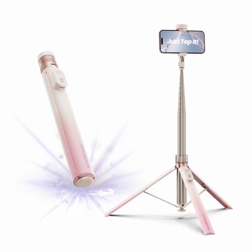 KraftGeek Automatic Tripod for iPhone, 66" Pink Phone Selfie Stick Tripod Stand for Recording, Travel, Content Creation - Ombré Peach - color: Pink
