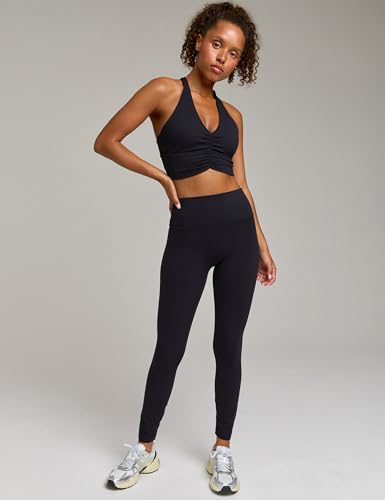 Women's Serene Scrunch Longline Sports Bra V Neck Padded Yoga Tank Wide Straps Cross Back Crop Tops - color: Black, size: Medium