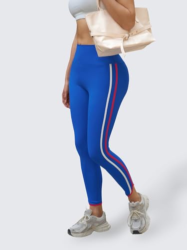 Aoysky Womens Buttery Soft Workout Leggings 25" Side Stripes High Waisted Full Length Yoga Leggings - color: Blue, size: XX-Large