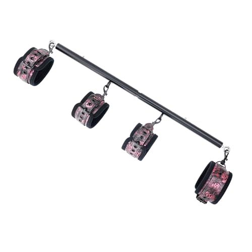 Heavy Duty Stainless Steel Expandable Spreader Bar with 4pcs PU Black--Pink Skull Pattern Detachable Adjustable Straps,Workout Bar for Home Indoor Gym Training Kit - style: Black+Black-Pink PU Kit