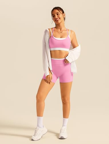Double Layer Workout Sets for Women 2 Piece Matching Gym Set High Waist Shorts with Pockets Sports Bra Yoga Pilates Outfits - color: Pink, size: Large