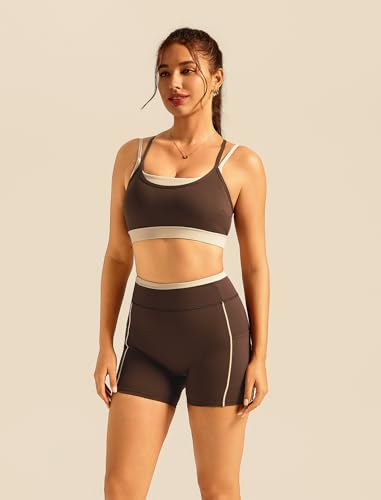 Double Layer Workout Sets for Women 2 Piece Matching Gym Set High Waist Shorts with Pockets Sports Bra Yoga Pilates Outfits - color: Brown, size: Large