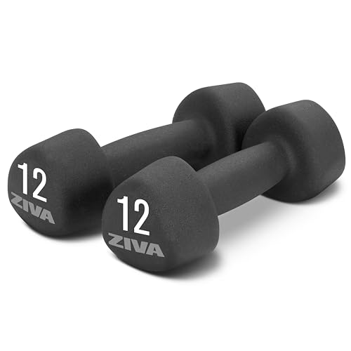 ZIVA Neoprene Tribell Dumbbell Pairs - Set of 2 Hand Weights, Non-Slip Durable Rubber Finish, No-Roll Design for Rigorous Exercise and Strength Training (Avail in 2-20 lb Pairs) - style: 12-lb, BK