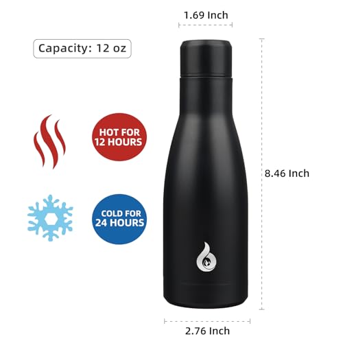 BJPKPK Insulated Water Bottle 12oz Small Stainless Steel Water Bottles Reusable Metal Thermal Keep Cold and Hot,Midnight Black - color: Midnight Black, size: 12 Ounces