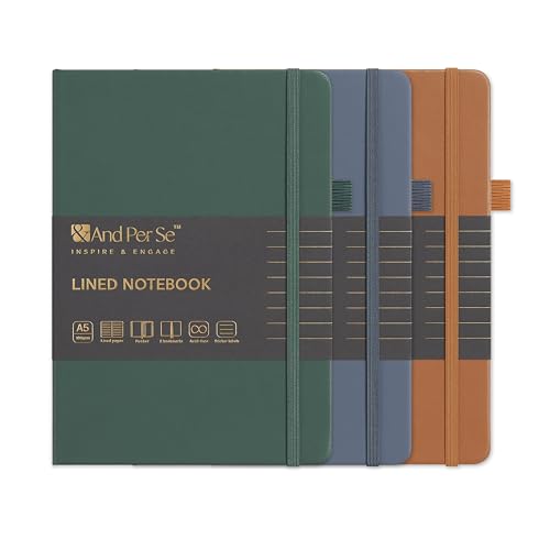 &And Per Se Lined Notebooks 3-Pack Gift Set, A5 Hardcover Journals, 160 Pages 100gsm Thick Paper, 3 Assorted Colors (Brown, Blue, Green) - color: Brown,Blue&Green, style: 3 Pack-Lined
