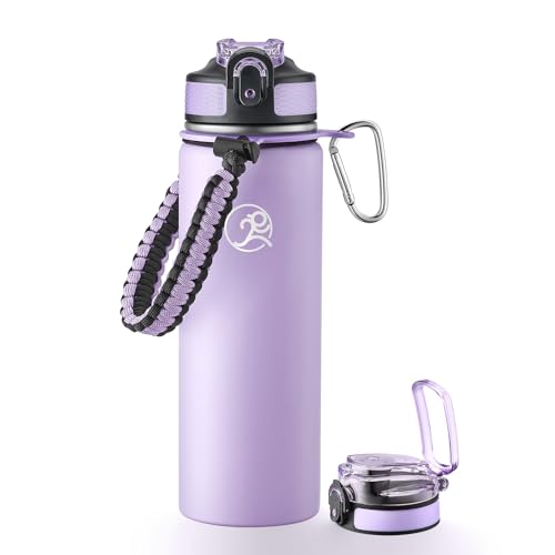 GOSWAG 24oz Insulated Stainless Steel Travel Water Bottle, 2 Lids | with straw and no straw, Paracord handle, Double-wall vacuum keeps drinks cold or hot, Leakproof tumbler - color: Matte Lilac