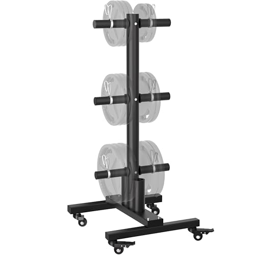 TRUSOON Movable Weight Plate Rack, Heavy Duty Olympic Plate Rack for 1 or 2-Inch Plates with 2 Barbell Holders, Bumper Plate Storage with Locking Wheels for Garage, Home Gym