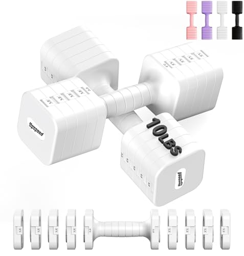 5-in-1 Adjustable Dumbbell Set for Women Men 10 lb Each | Dumbbells Set of 2, Free Weight Set at Home Gym, Locking/TPU Soft Handle for Exercise & Muscle Toning Weight Loss - color: White