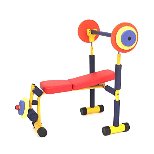Redmon Fun & Fitness for Kids Adjustable Weight Bench Press Set w/ Barbell & Foam Weights | Barbell & Foam Weights