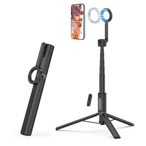 Magnetic Phone Tripod for iPhone 54" Automatic Pop-up Selfie Stick | Tripod Stand with Remote and Metal Ring for Cell Phone Video Recording/Photography/Vlogging (Balck) - color: Black, size: 54in