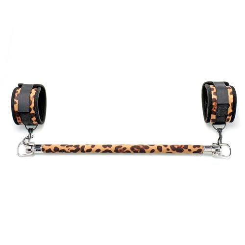 Fixed Wooden Leopard Spreader Bar with 2pcs PU Furry Leopard Detachable Adjustable Straps,Sports Aid Training Fitness Gear Pilates Aid Kit,Home Indoor Sports Yoga Set