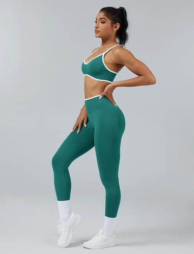 ABOCIW Womens 2 Piece Workout Sets Seamless Color Block Sports Bra Scrunch Butt Lifting High Waist Leggings Gym Set - color: Green, size: Small