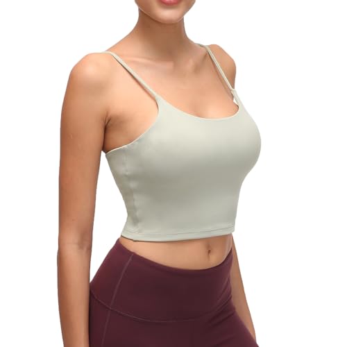 Lemedy Women Padded Sports Bra Yoga Tank Top | Light Support, Longline, Fitness Workout Running Shirts, Removable Pads, Spaghetti Straps, for Women - color: Jasmine Green, size: Large