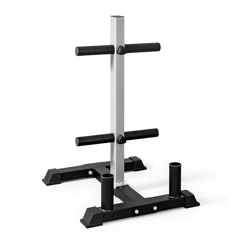 CAP Olympic Bumper Plate Tree Rack with Barbell Holders, Heavy-Duty Weight Plate Storage Rack for Home Gym, Steel Olympic Plate Organizer Stand, Multiple Color & Size Options - color: Gray, size: 4-Plate Posts / 2 Bar Holders