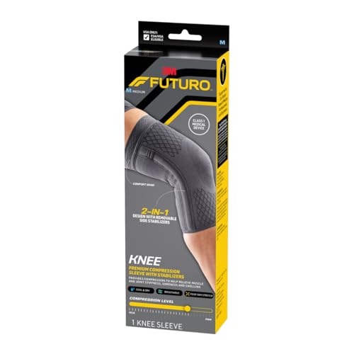 Futuro Premium Compression Knee Sleeve with Stabilizers, Removable Stabilizers, Advanced Customizable Compression Sleeve, for Mild Arthritis, Swelling, Soreness, Sprains, and Strains, Medium - size: Medium