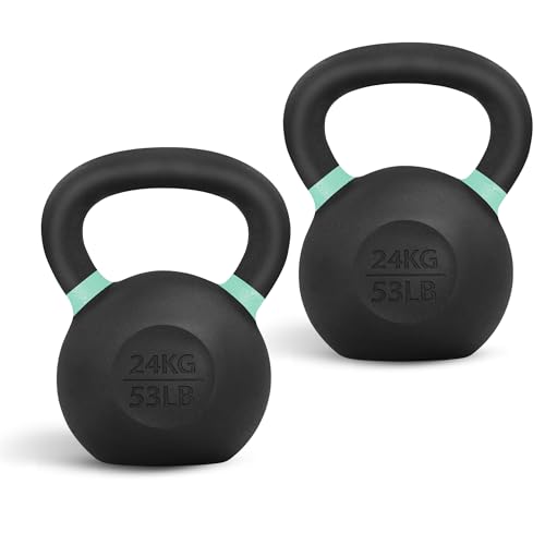 Yes4All Powder Coated Kettlebell, Cast Iron Core Kettlebells with Non-Slip Handle & Flat Bottom for Conditioning, Heavy Duty for Strength Training, 9lb to 71lb - Single & Pair - color: Light Green, style: B. Pair